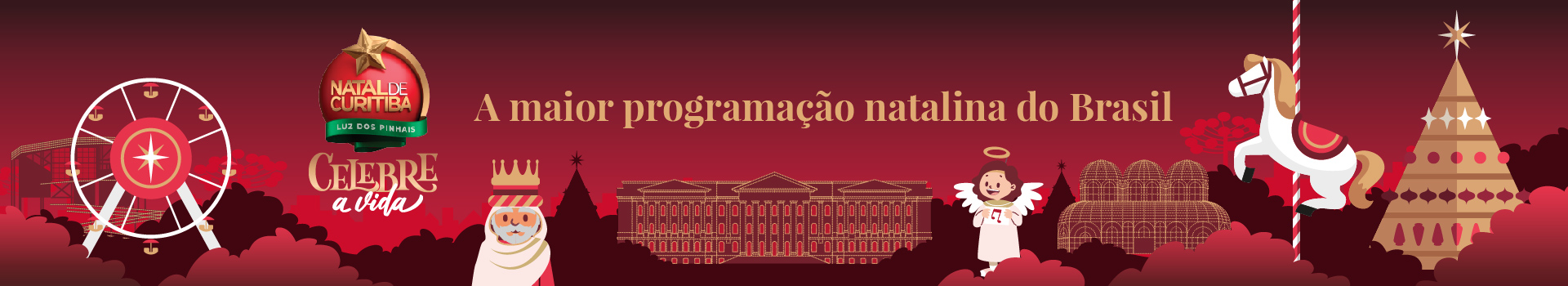 Um banner com illustração de elementos de natal em Curitiba com uma frase  - A maior programação natalina