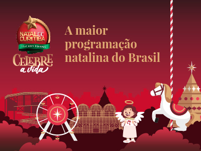 Um banner com illustração de elementos de natal em Curitiba com uma frase  - A maior programação natalina